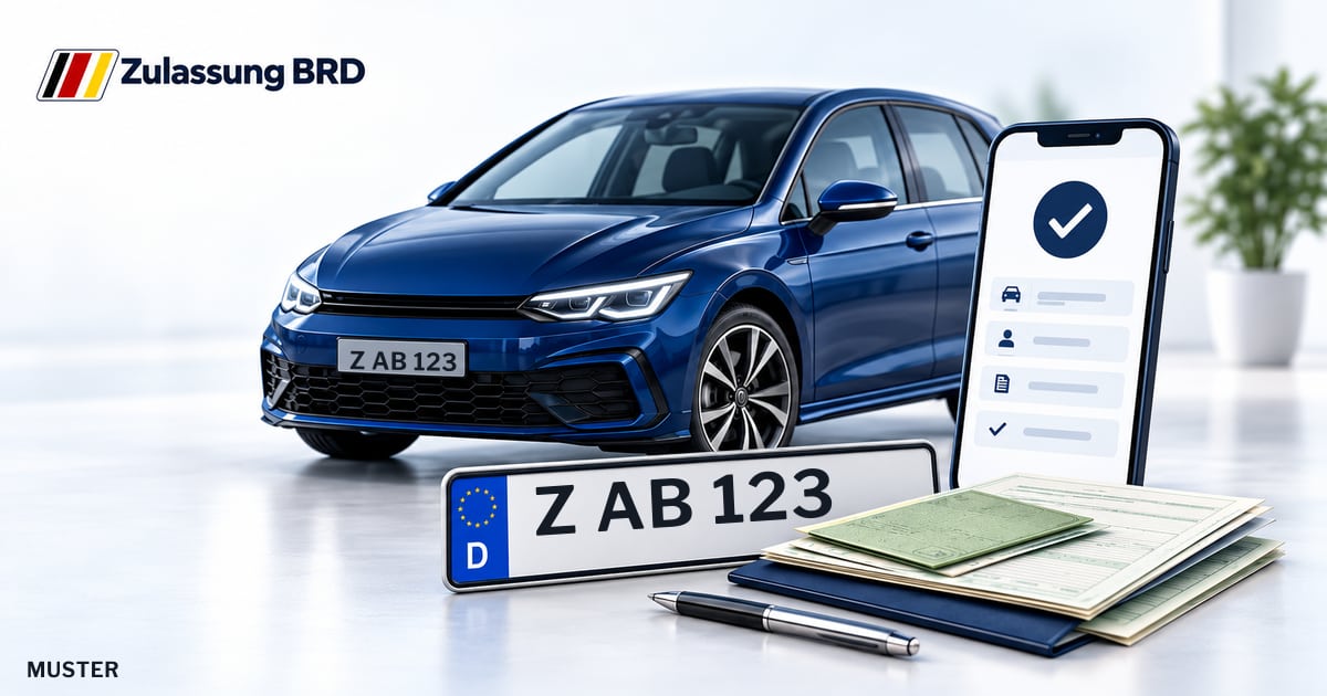 Online Fahrzeugzulassung in Crimmitschau: Musterkennzeichen Z AB 123, Auto und Fahrzeugpapiere und Smartphone. Illustration mit Logo von Zulassung BRD.